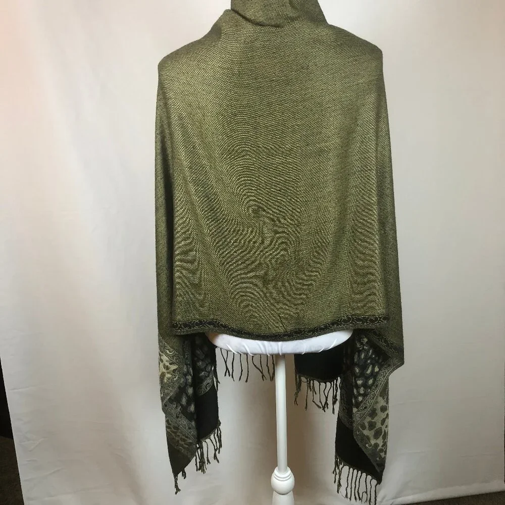 Vintage Reversible Olive & Black Jacquard Shawl Scarf